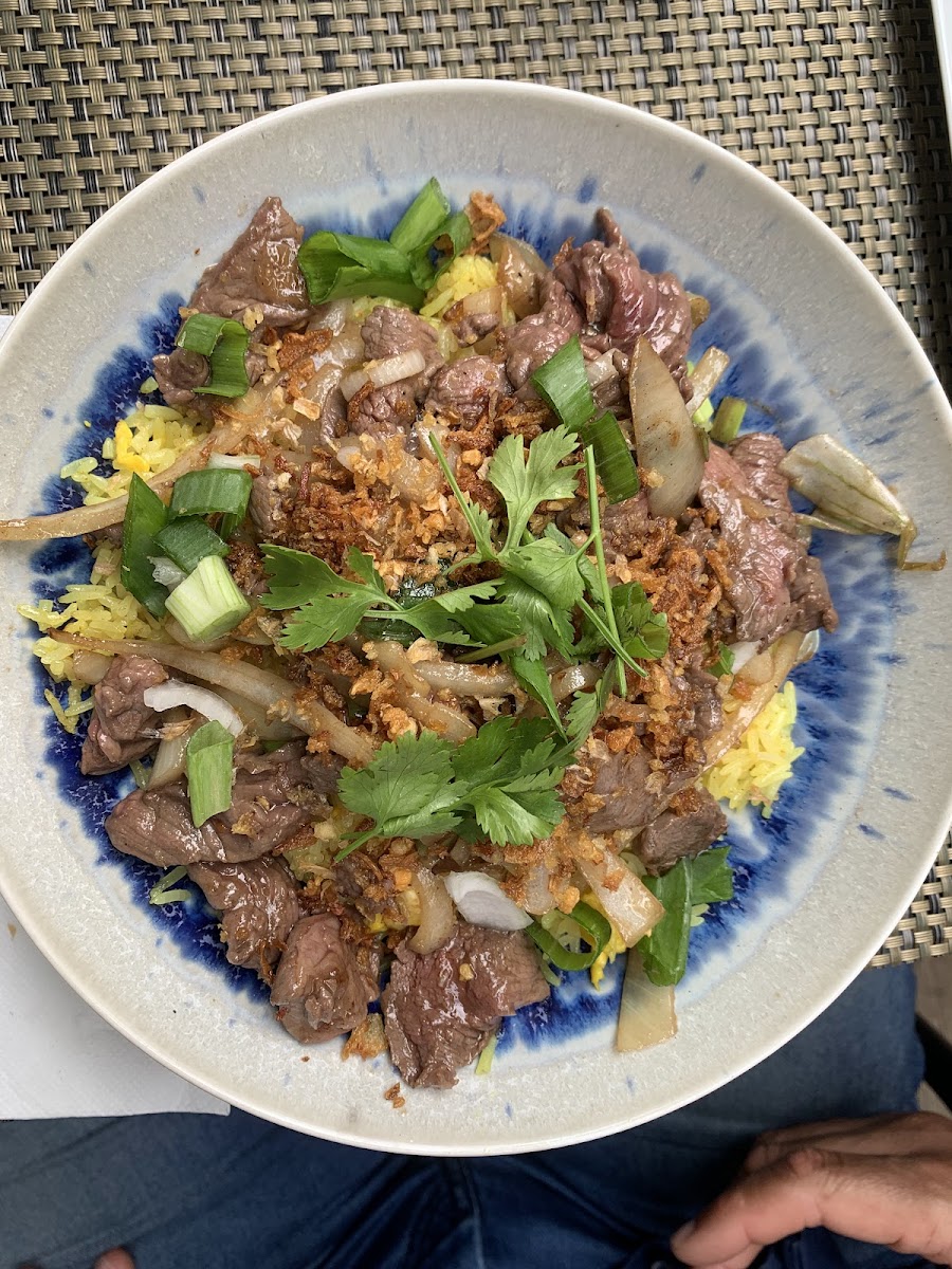 Bol de bœuf sauté sur riz doré, oignons, coriandre et oignons frits, dans un bol en céramique bleue.