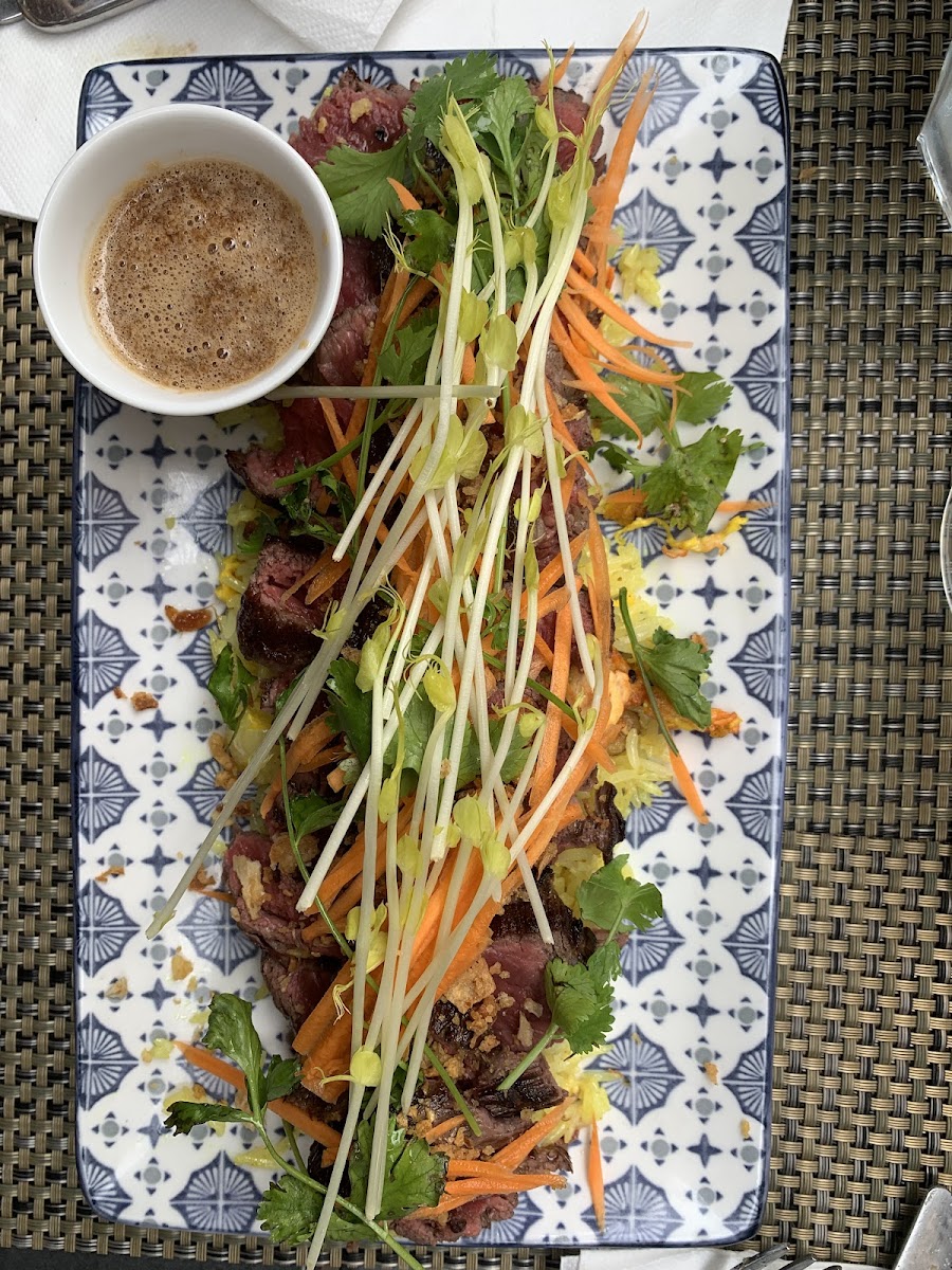 Tataki de bœuf sur assiette bleu et blanc, julienne de carottes, herbes fraîches et sauce.